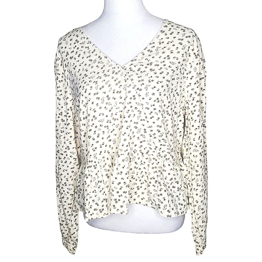 a.n.a. A New Approach Paisley Ditzy Cream Cross Front 100% Cotton Peplum Top